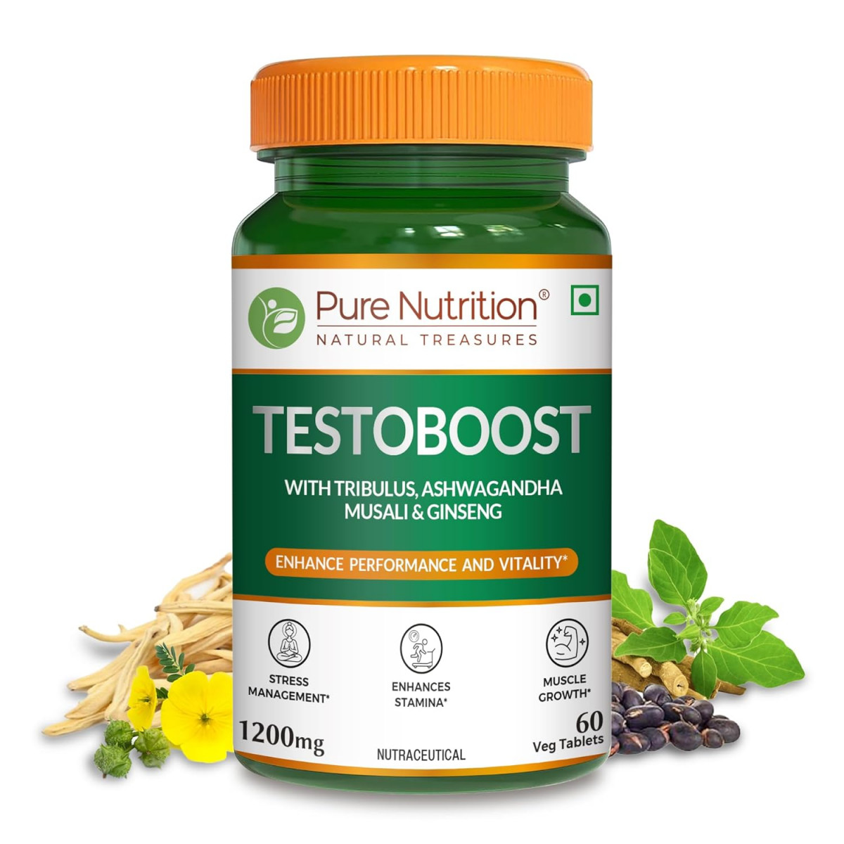 Pure Nutrition Testoboost with Tribulus, Ashwagandha, Musali, and Ginseng | Supports Vitality and Performance - 60 Vegetarian Tablets