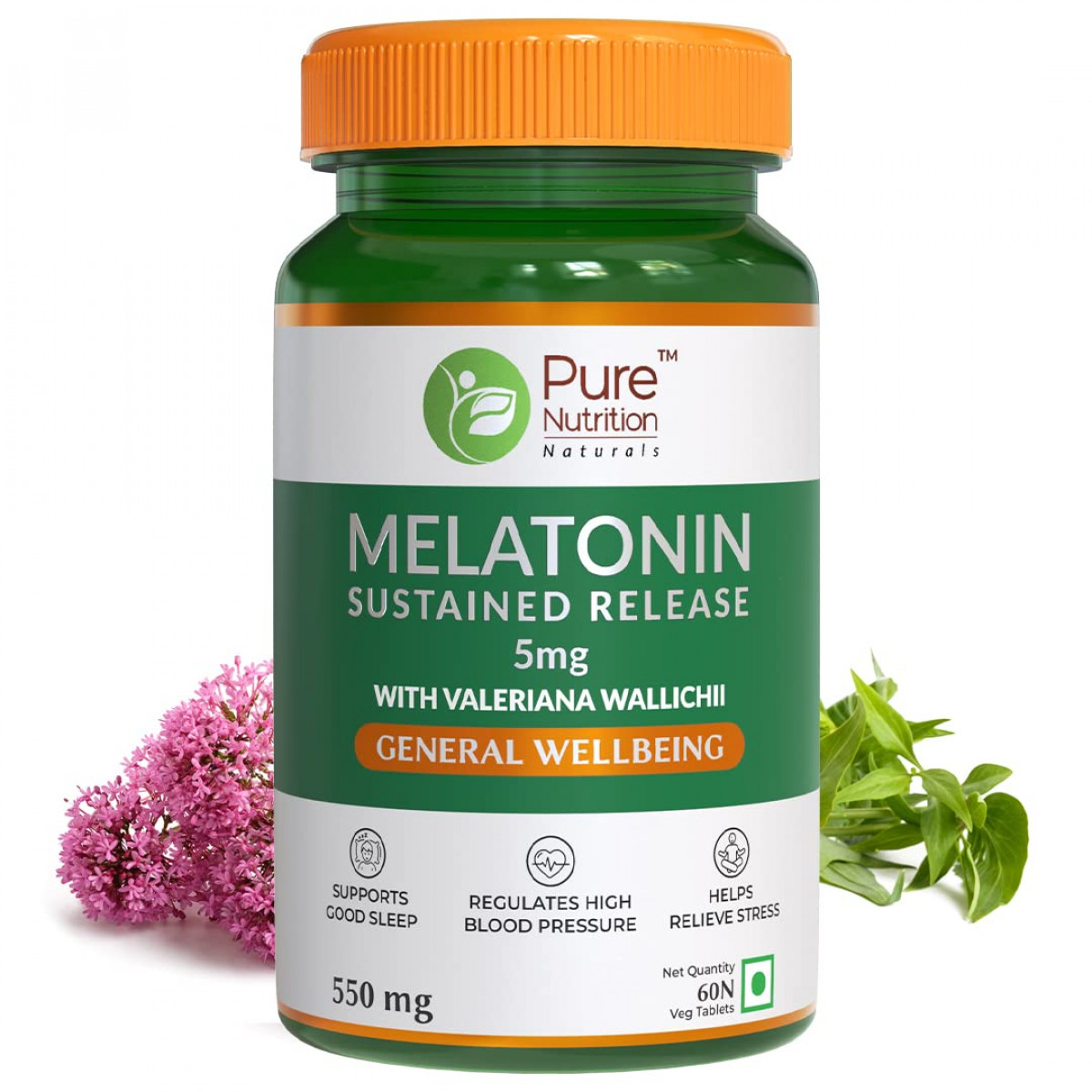Pure Nutrition Melatonin 5mg Sustained Release with Valeriana Wallichii and Chamomile - 60 Vegetarian Tablets