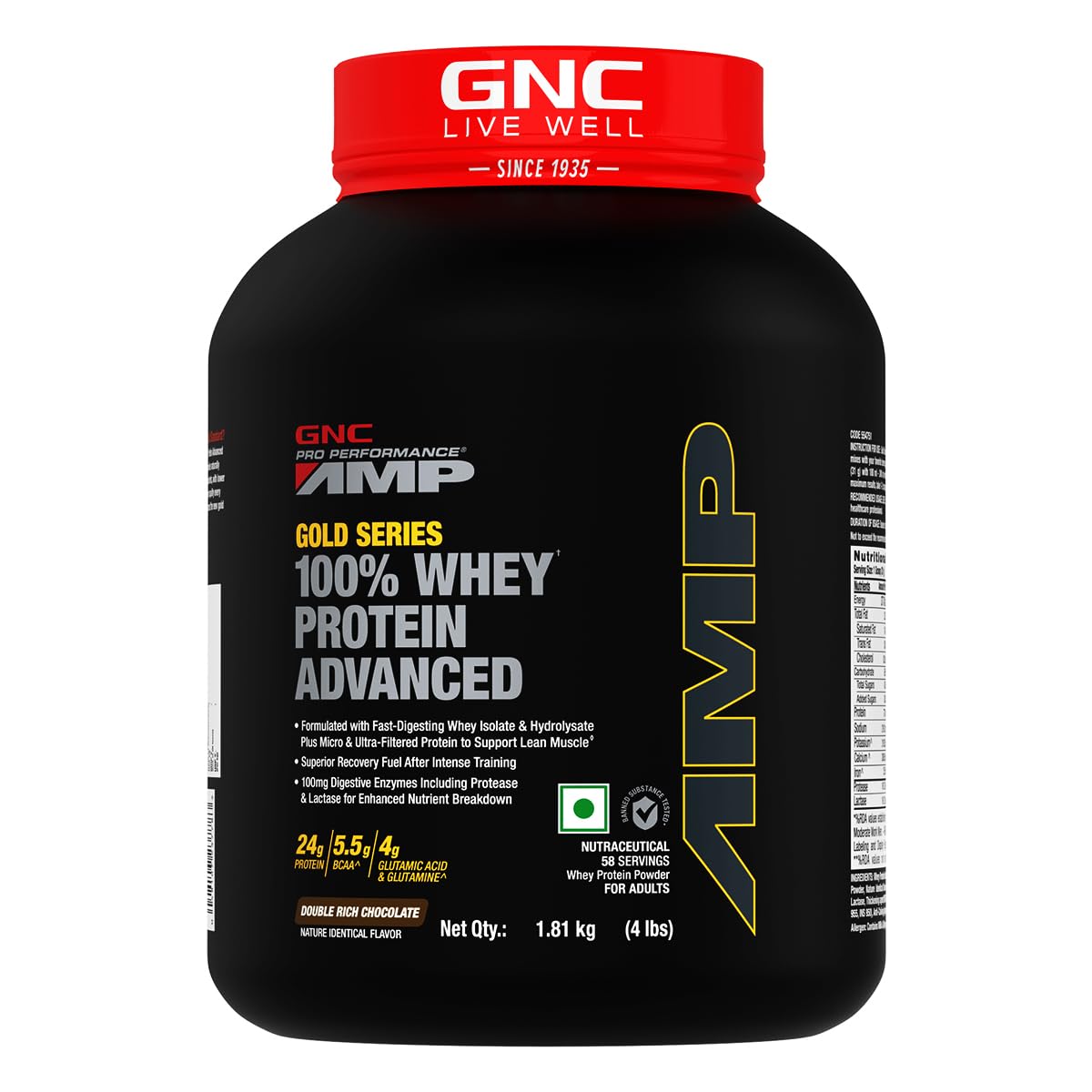 GNC AMP Gold Series 100% Whey Protein Advanced | Lean Muscle Gains | Advanced Fitness Performance | Formulated In USA | 24g Protein | 5.5g BCAA | 4g Glutamine | Double Rich Chocolate | 4 lbs
